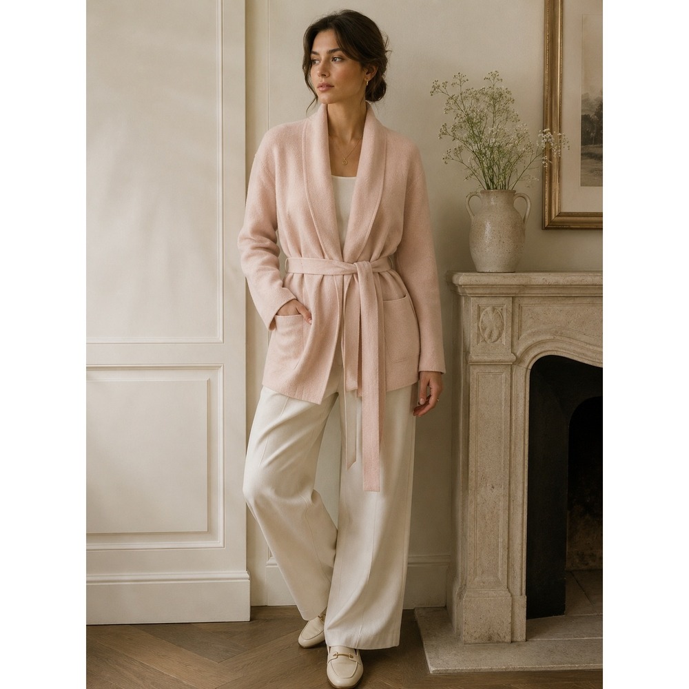Josephine Chaus Blush Pink 100% Wool Belted Wrap Cardigan Sweater Large